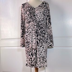 Jennifer Lopez women Brown cream Beige print front L/S Ruched dress size L new